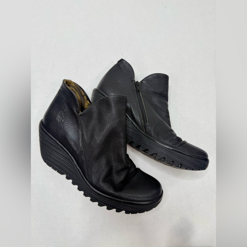 Fly London Black Leather Wedge Ankle Boots